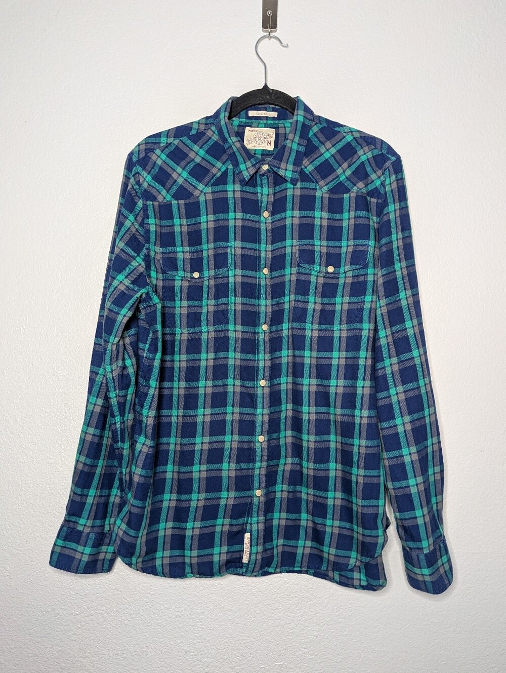 Lucky Brand Men Blue Green Plaid Preppy Western Pearl Snap Button Down Shirt M